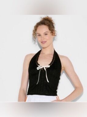 Wild Fable Black Lace Halter Tank Top with White Bow
